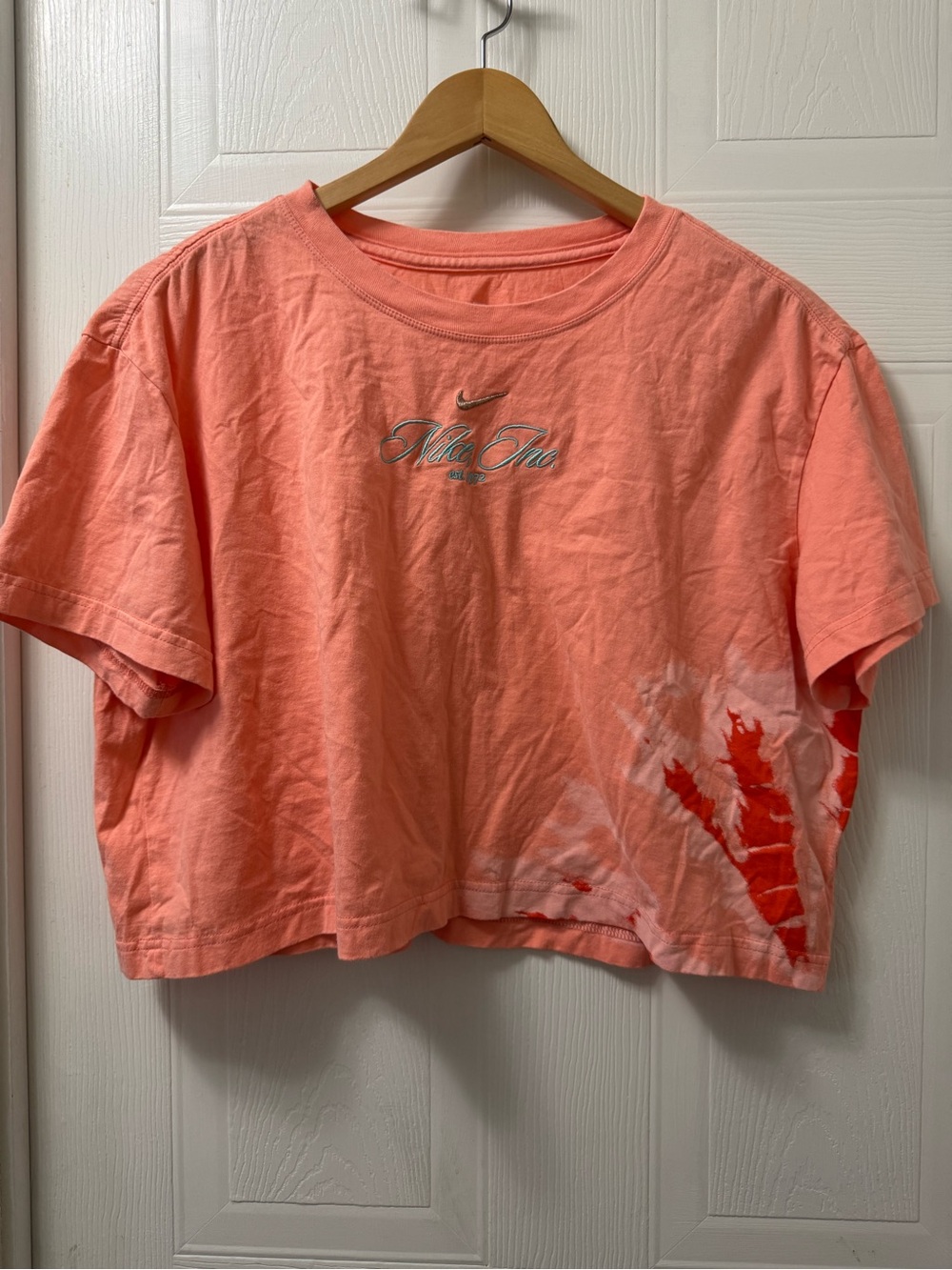 Nike Coral Crop Tee with Red Tie-Dye Accent
